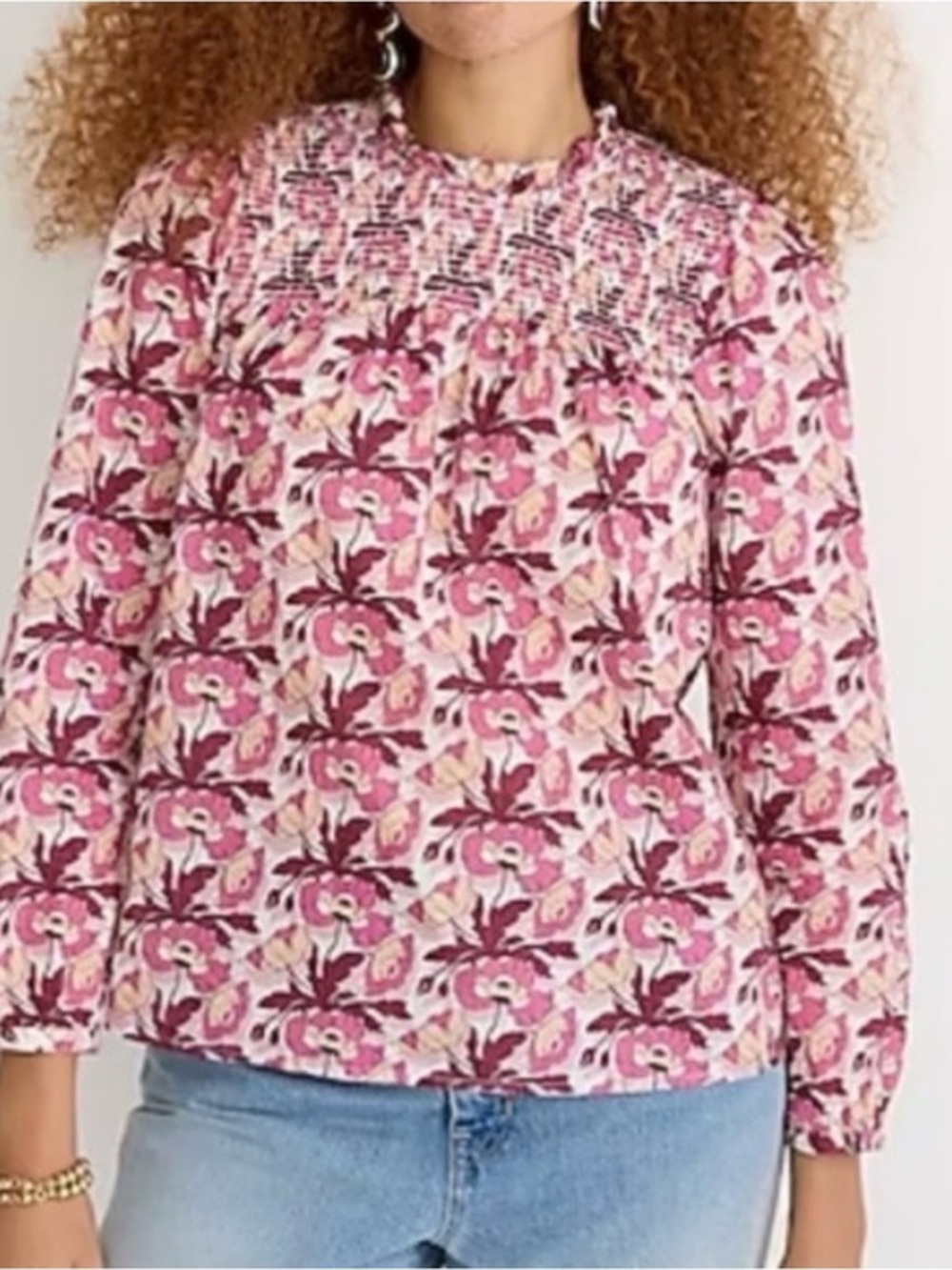 J.Crew Liberty Butterfield Poppy Smocked Blouse Pink Floral Button Back L